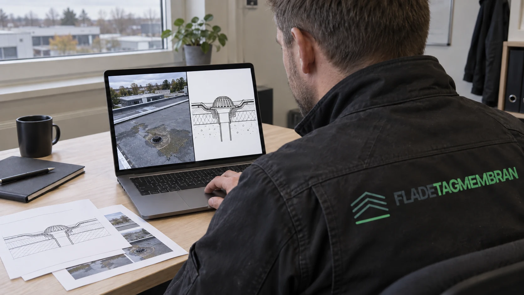 Tagfaglig medarbejder vurderer et tagfoto og en teknisk detaljetegning på computeren