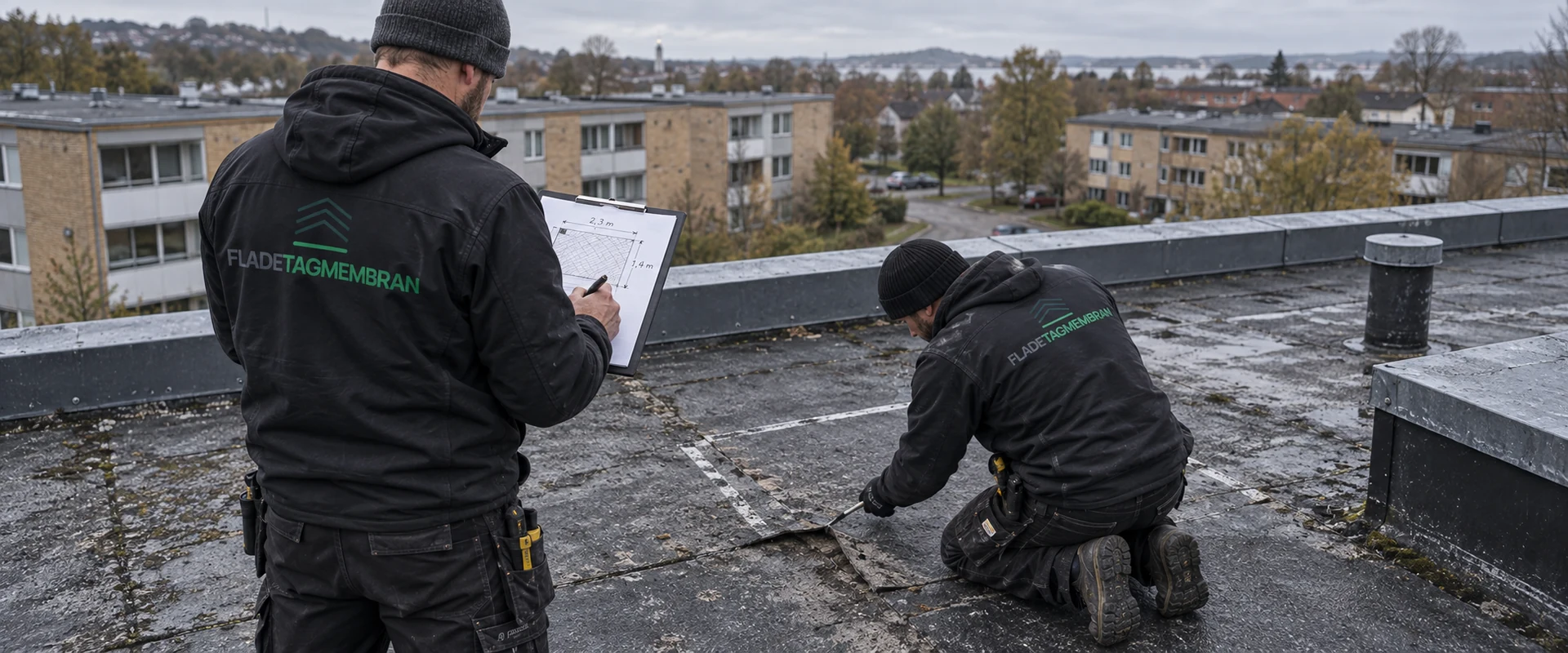 To mænd undersøger en eksisterende tagmembran